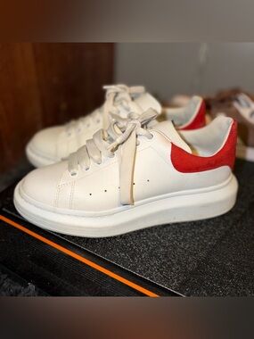 Alexander McQueen Cream White Sneakers with Coral Heel